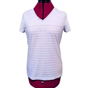 L.L. Bean Women's Small S Grey White Stripe Supima Cotton V-Neck Tee Top